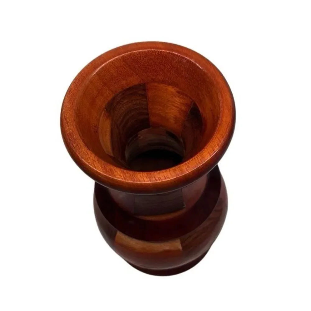 Vintage Multi Wood Mosaic Vase 8” Brown Hand Pieced Parquet Two-tone Segmented - Picture 7 of 11
